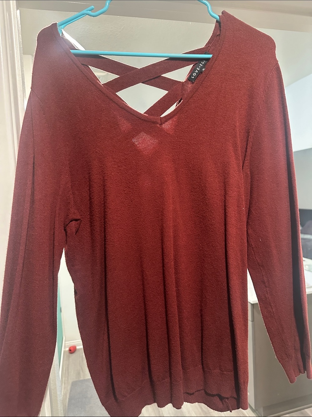 Love Tree Burgundy Crisscross V-Neck Long Sleeve Top